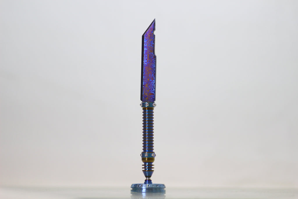 Timascus Letter opener with inlaid tungsten ball bearing handle and stand