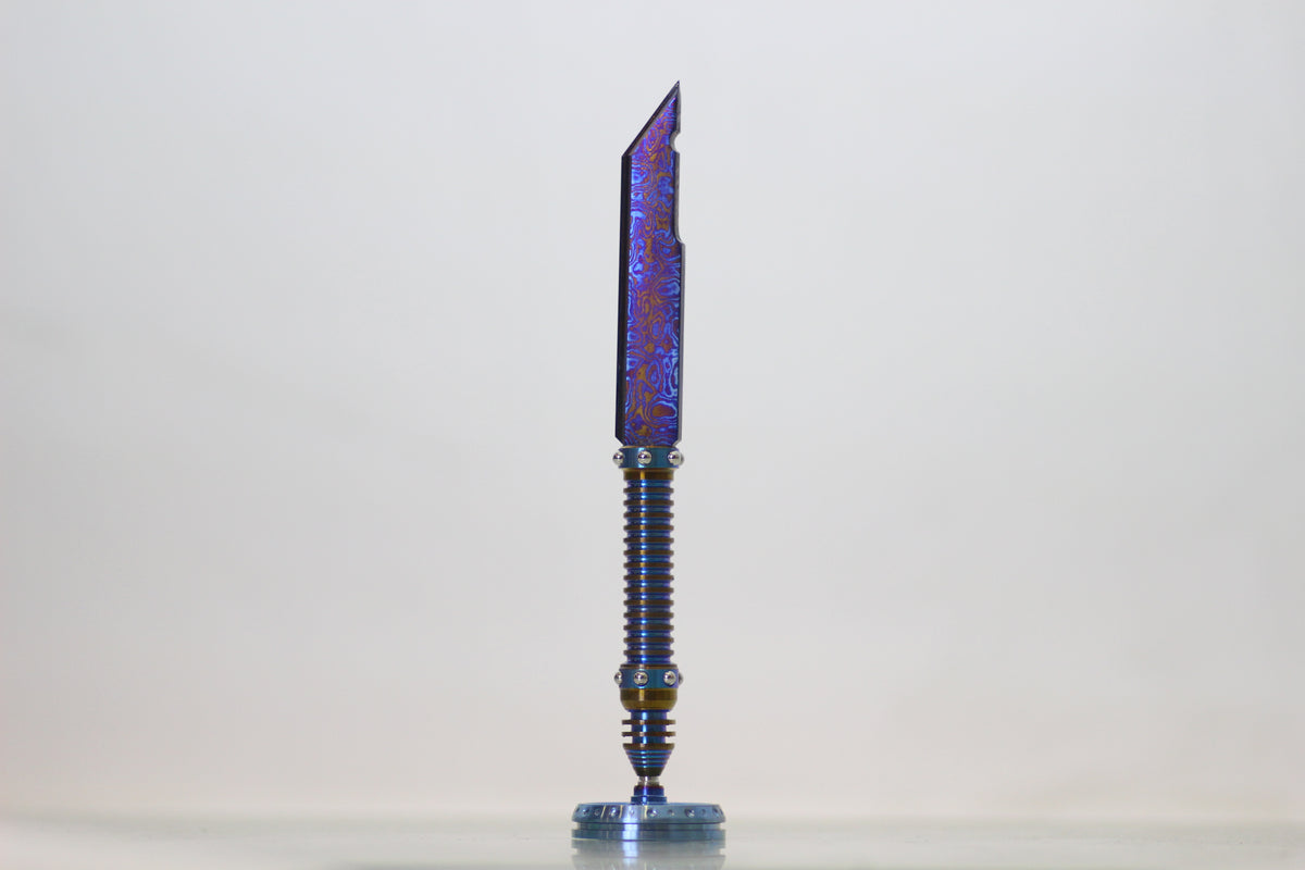 Timascus Letter opener with inlaid tungsten ball bearing handle and stand