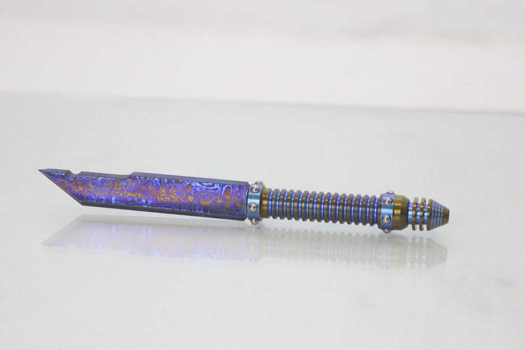 Timascus Letter opener with inlaid tungsten ball bearing handle and stand